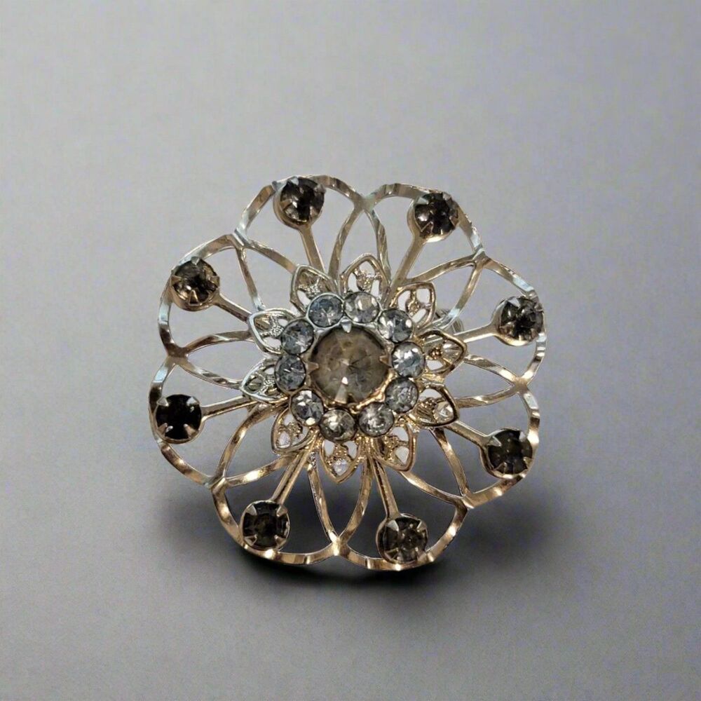 Vintage Rhinestone Flower Brooch – Silver Tone Openwork Floral Pin